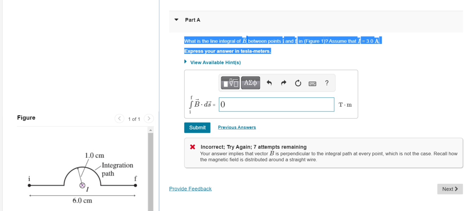 Part A What Is The Line Integral Of B Between Points I And 1 In Figure 1 Assume That I 3 0 A Express Your Answer I 1