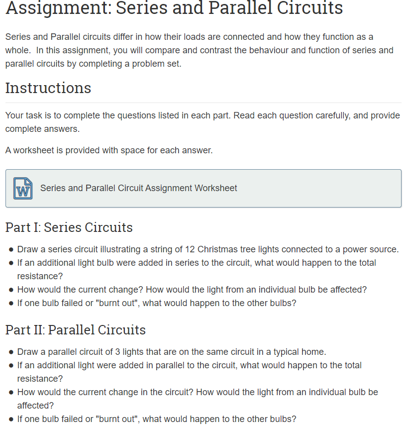 Assignment Series And Parallel Circuits Series And Parallel Circuits Differ In How Their Loads Are Connected And How Th 1