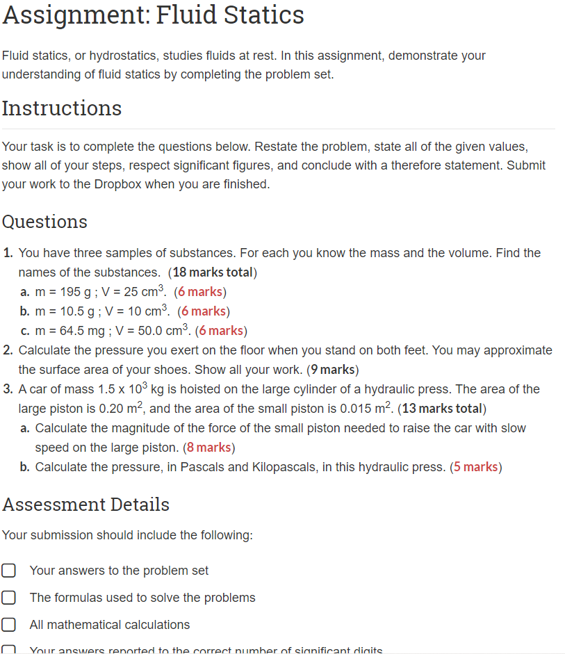 Assignment Fluid Statics Fluid Statics Or Hydrostatics Studies Fluids At Rest In This Assignment Demonstrate Your U 1