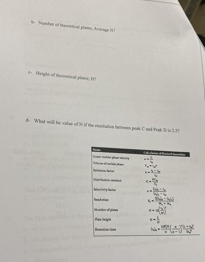 B Number Of Theoretical Plates Average N C Height Of Theoretical Plates H D What Will Be Value Of N If The Resolu 2