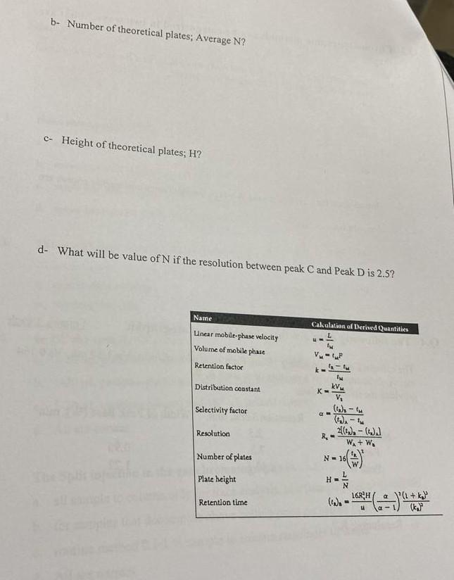 B Number Of Theoretical Plates Average N C Height Of Theoretical Plates H D What Will Be Value Of N If The Resolu 1