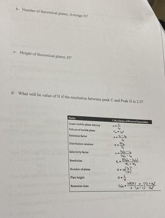 B Number Of Theoretical Plates Average N C Height Of Theoretical Plates H D What Will Be Value Of N If The Resolu 2