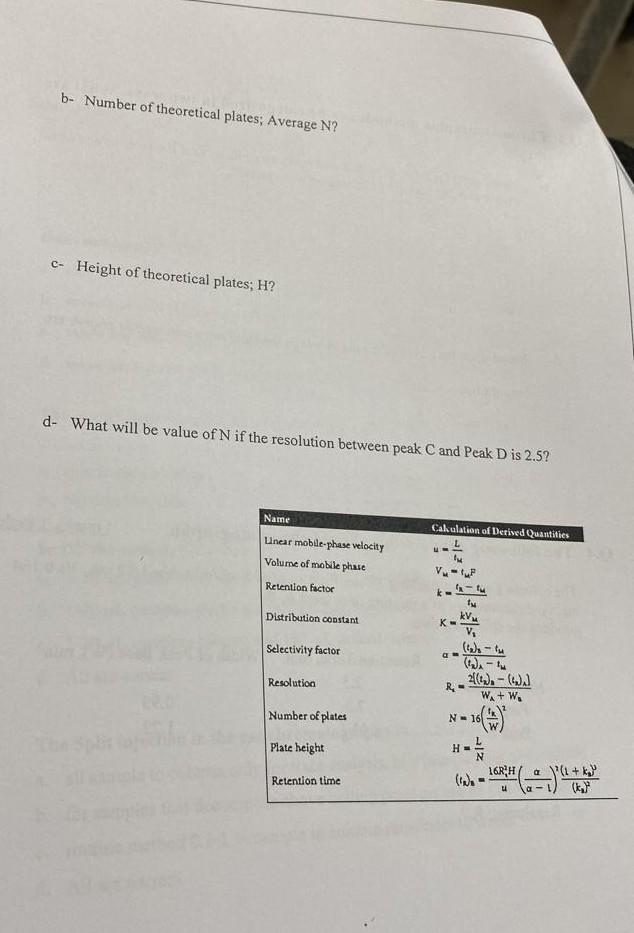 B Number Of Theoretical Plates Average N C Height Of Theoretical Plates H D What Will Be Value Of N If The Resolu 2