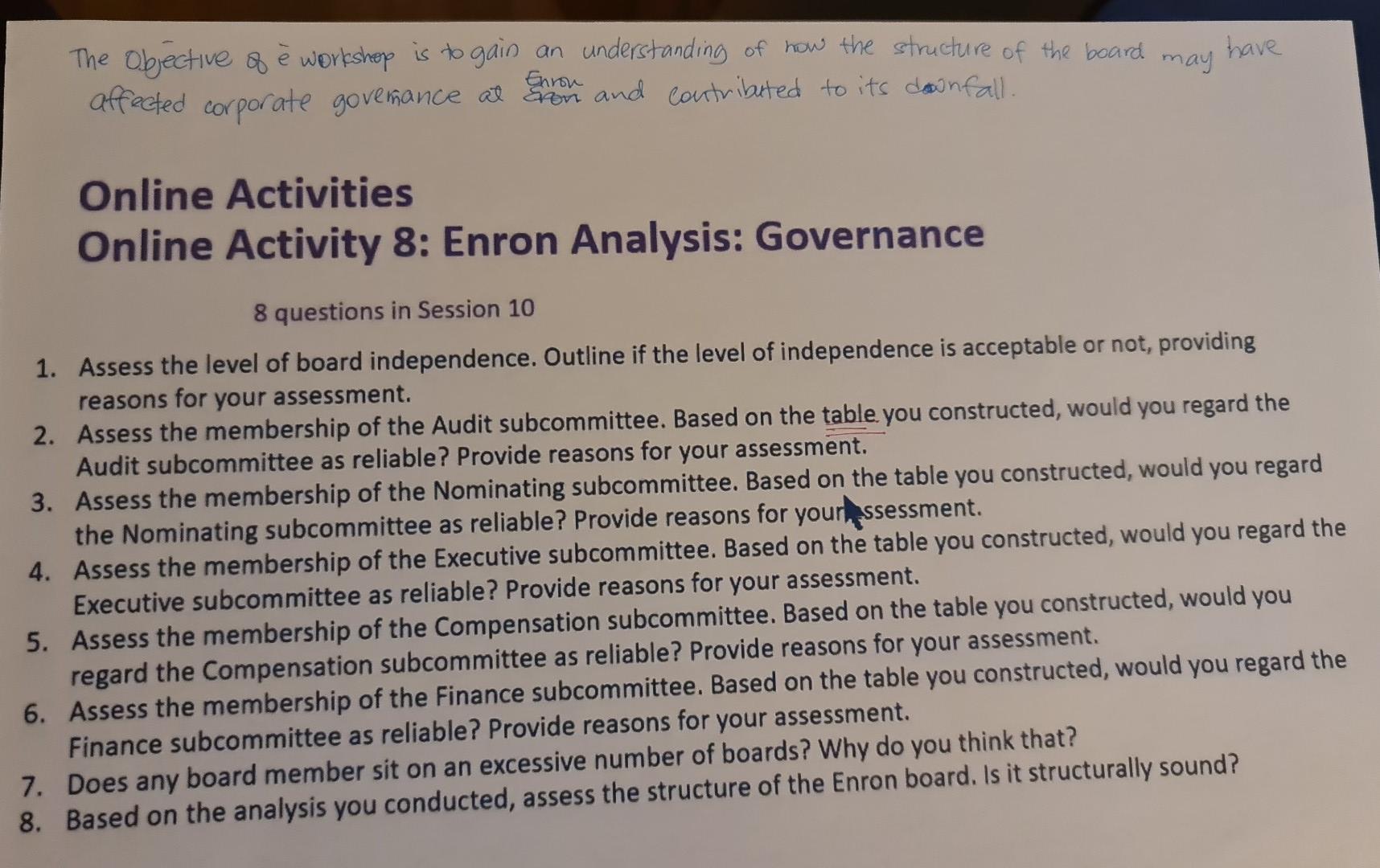 Have May The Objective Of E Workshop Is To Gain An Understanding Of How The Structure Of The Board Affected Corporate Go 1