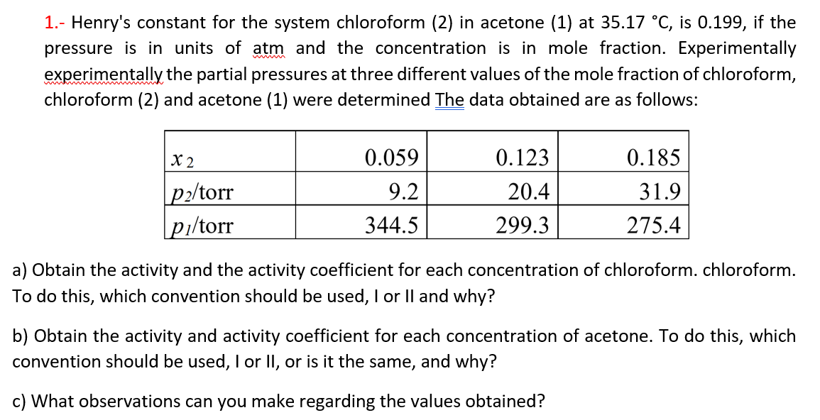 1 Henry S Constant For The System Chloroform 2 In Acetone 1 At 35 17 C Is 0 199 If The Pressure Is In Units Of 1