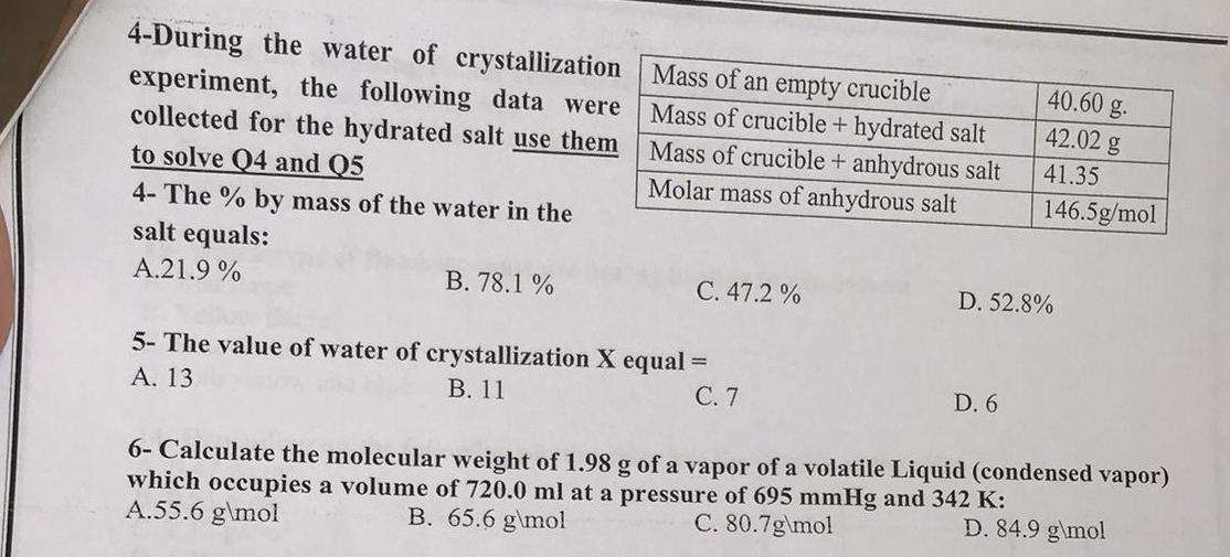 5 The Value Of Water Of Crystallization X Equal A 13 B 11 C 7 D 6 4 During The Water Of Crystallization Mass Of 2