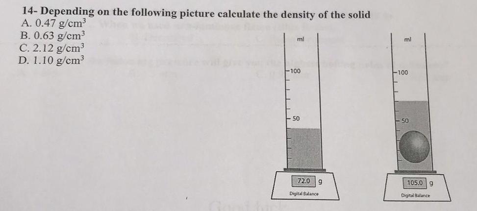 14 Depending On The Following Picture Calculate The Density Of The Solid A 0 47 G Cm B 0 63 G Cm3 C 2 12 G Cm3 D 1 1