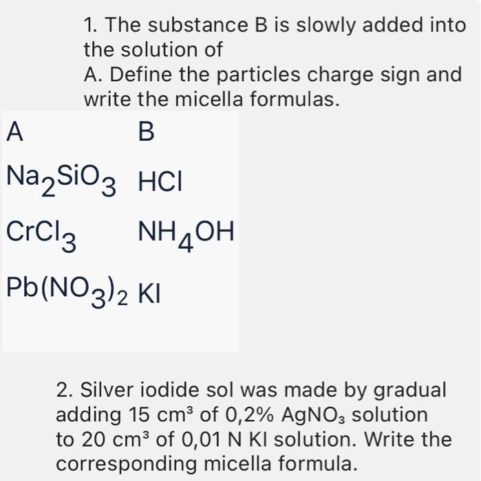 1 The Substance B Is Slowly Added Into The Solution Of A Define The Particles Charge Sign And Write The Micella Formul 1