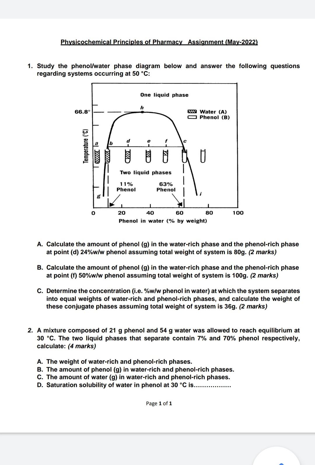 Physicochemical Principles Of Pharmacy Assignment May 2022 1 Study The Phenol Water Phase Diagram Below And Answer Th 1
