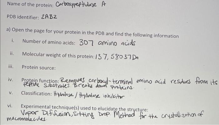 Name Of The Protein Carboxypeptidase A Pdb Identifier 2abz A Open The Page For Your Protein In The Pdb And Find The F 1