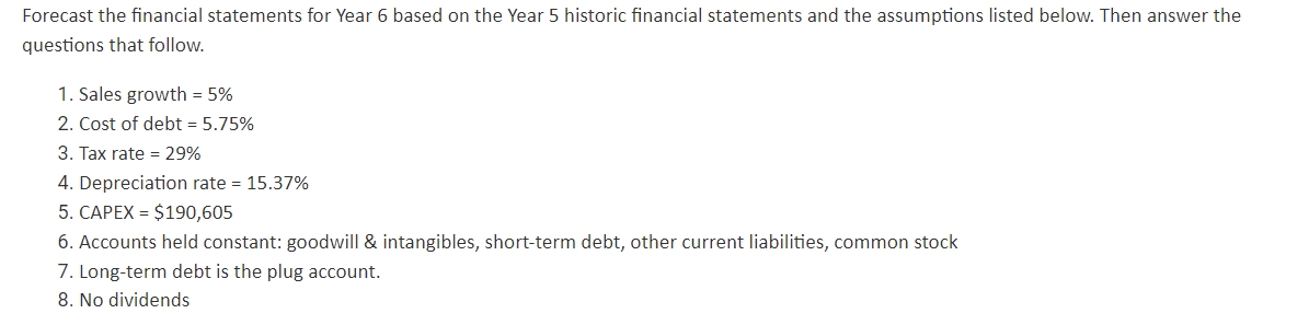 Forecast The Financial Statements For Year 6 Based On The Year 5 Historic Financial Statements And The Assumptions Liste 1