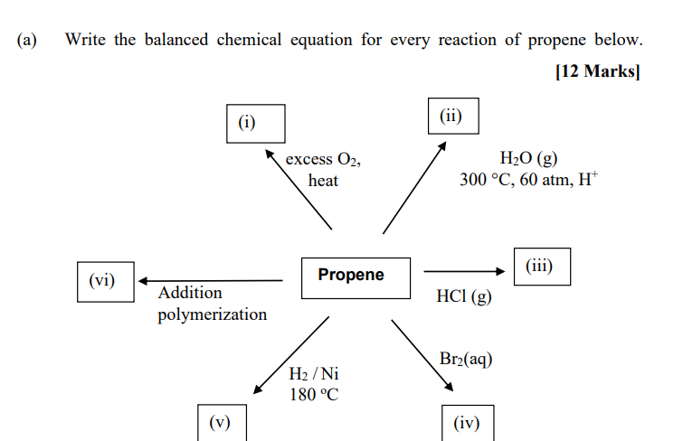 A Write The Balanced Chemical Equation For Every Reaction Of Propene Below 12 Marks I Ii Excess O2 Heat H2o G 1