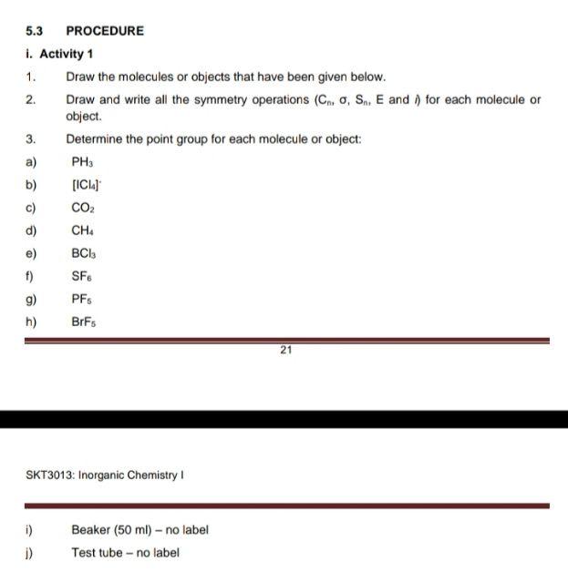 5 3 Procedure I Activity 1 1 Draw The Molecules Or Objects That Have Been Given Below 2 Draw And Write All The Symmet 1