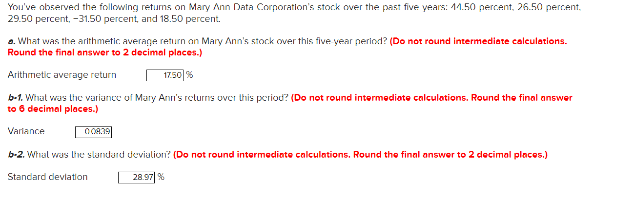 You Ve Observed The Following Returns On Mary Ann Data Corporation S Stock Over The Past Five Years 44 50 Percent 26 5 1