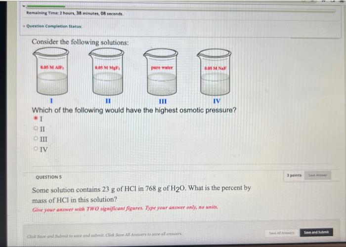 Remaining Time 2 Hours 38 Minutes 08 Seconds Question Completion Status Consider The Following Solutions 0 05 M Aif 1