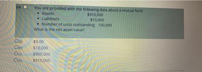 94 You Are Provided With The Following Data About A Mutual Fund Assets 910 000 Liabilities 10 000 Number Of Uni 1