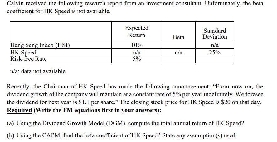 Calvin Received The Following Research Report From An Investment Consultant Unfortunately The Beta Coefficient For Hk 1
