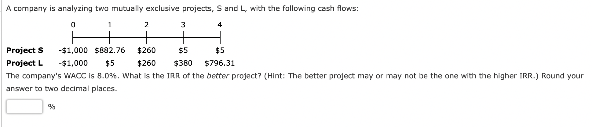 A Company Is Analyzing Two Mutually Exclusive Projects S And L With The Following Cash Flows 0 1 2 3 4 Projects 1 0 1