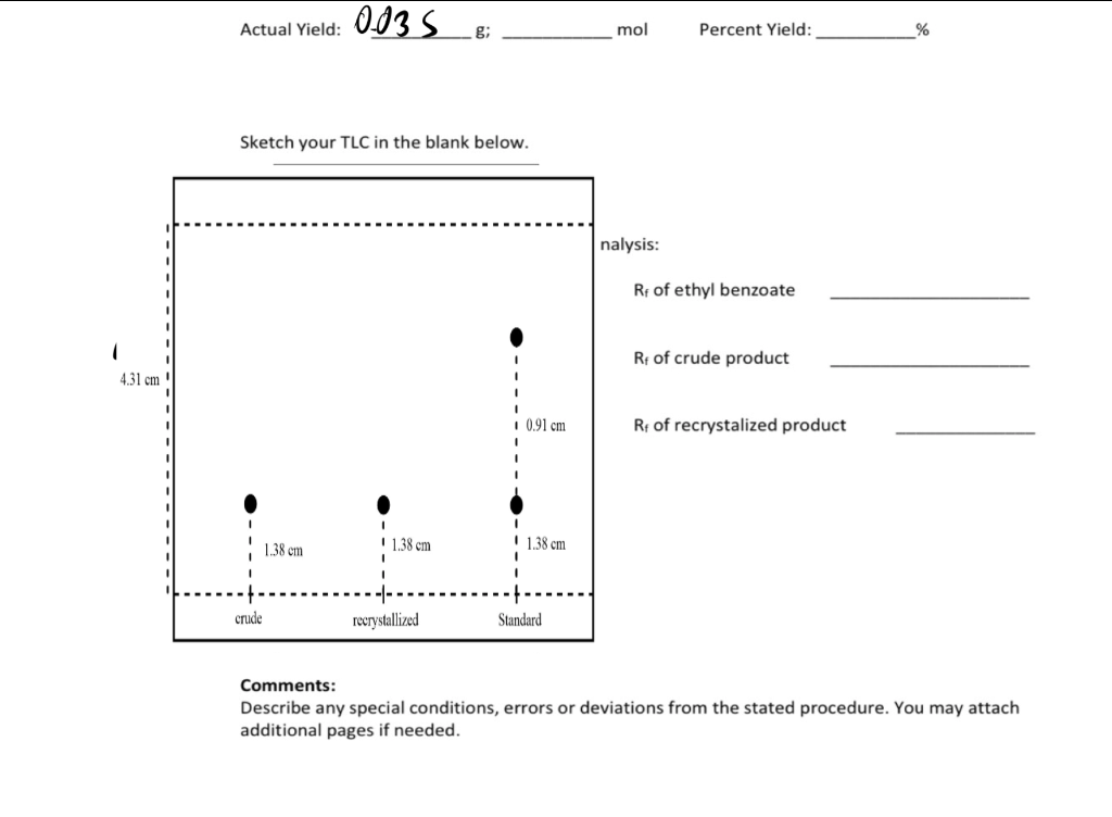 0 03 5 Actual Yield G Mol Percent Yield Sketch Your Tlc In The Blank Below Nalysis Rf Of Ethyl Benzoate Rt Of Cru 1