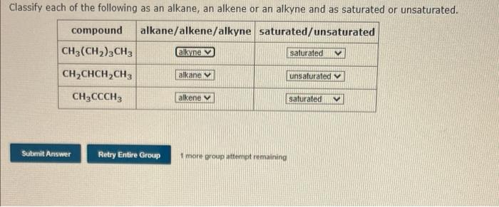 Classify Each Of The Following As An Alkane An Alkene Or An Alkyne And As Saturated Or Unsaturated Alkane Alkene Alkyn 1