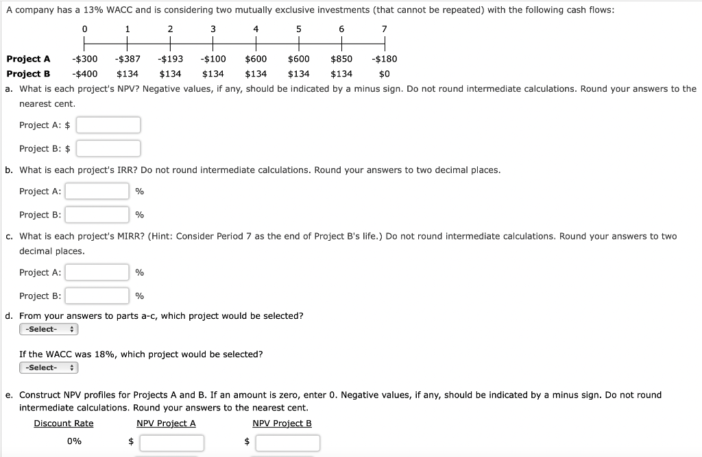 A Company Has A 13 Wacc And Is Considering Two Mutually Exclusive Investments That Cannot Be Repeated With The Followi 1