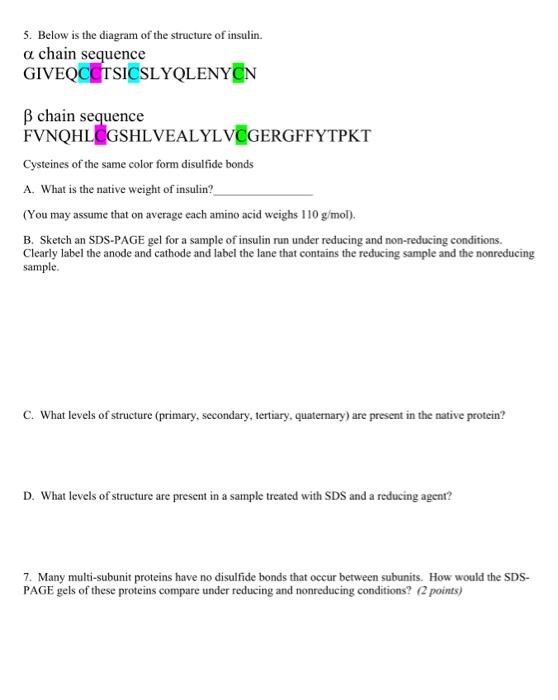 5 Below Is The Diagram Of The Structure Of Insulin A Chain Sequence Giveqcctsicslyqlenyon B Chain Sequence Fvnqhlcgshl 1