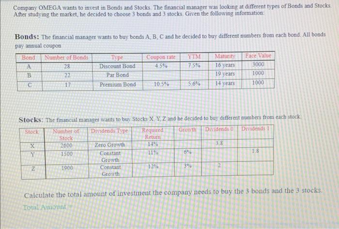 Company Omega Wants To Invest In Bonds And Stocks The Financial Manager Was Looking At Different Types Of Bonds And Sto 1