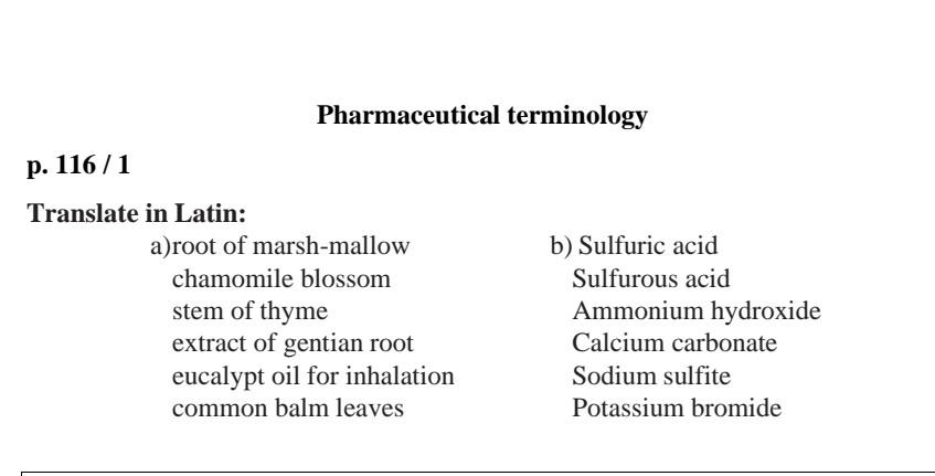 Pharmaceutical Terminology P 116 1 Translate In Latin A Root Of Marsh Mallow Chamomile Blossom Stem Of Thyme Extract O 1