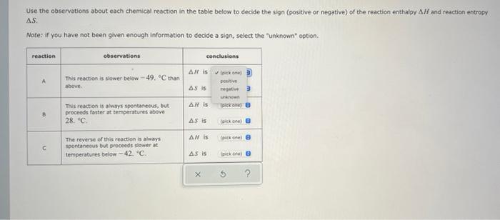 Use The Observations About Each Chemical Reaction In The Table Below To Decide The Sign Positive Or Negative Of The Re 1