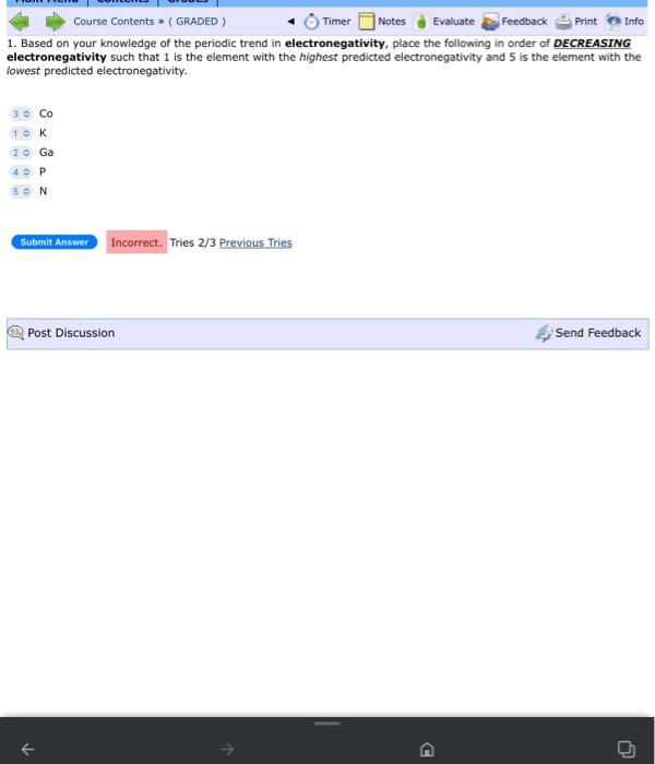 Info Course Contents Graded Timer Notes Evaluate Feedback Print 1 Based On Your Knowledge Of The Periodic Trend In El 1