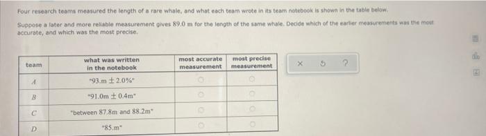 Four Research Teams Measured The Length Of A Rare Whale And What Each Team Wrote In Its Team Notebook Is Shown In The T 1