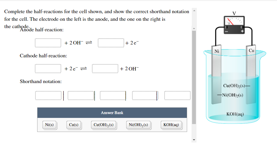 Complete The Half Reactions For The Cell Shown And Show The Correct Shorthand Notation For The Cell The Electrode On T 1