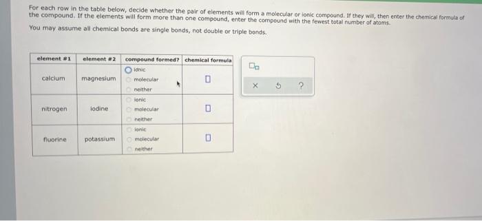 For Each Row In The Table Below Decide Whether The Pair Of Elements Will Form A Molecular Or Ionic Compound If They Wi 1