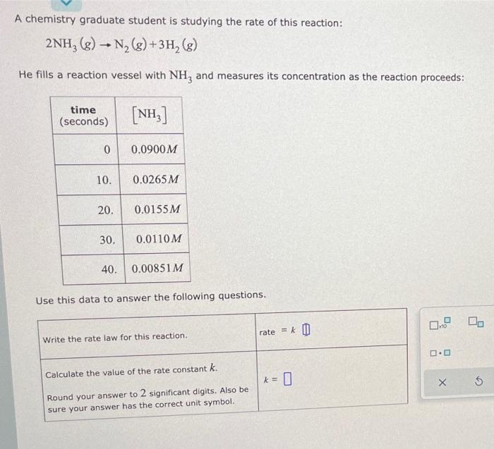 A Chemistry Graduate Student Is Studying The Rate Of This Reaction 2nh G N2 G 3h2 G He Fills A Reaction Vesse 1