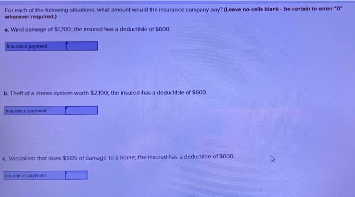 For Each Of The Following Situations What Amount Would The Insurance Company Pay Leave No Cells Blank Be Certain To 2