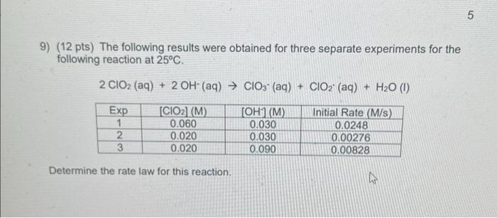 5 9 12 Pts The Following Results Were Obtained For Three Separate Experiments For The Following Reaction At 25 C 2 C 1
