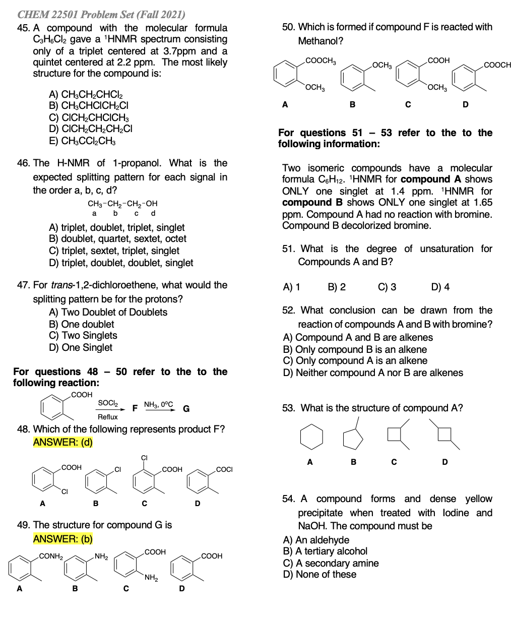 Chem 22501 Problem Set Fall 2021 45 A Compound With The Molecular Formula C3h6cl2 Gave A Hnmr Spectrum Consisting On 1