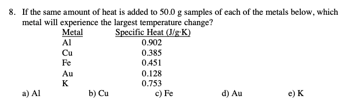 8 If The Same Amount Of Heat Is Added To 50 0 G Samples Of Each Of The Metals Below Which Metal Will Experience The La 1