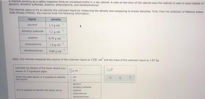 A Chemist Working As A Safety Inspector Finds An Unmarked Bottle In A La Cabinet A Note On The Door Of The Cabinet Says 1