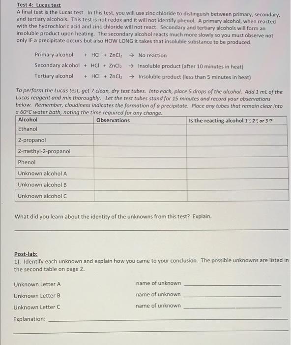 Test 4 Lucas Test A Final Test Is The Lucas Test In This Test You Will Use Zinc Chloride To Distinguish Between Prima 1