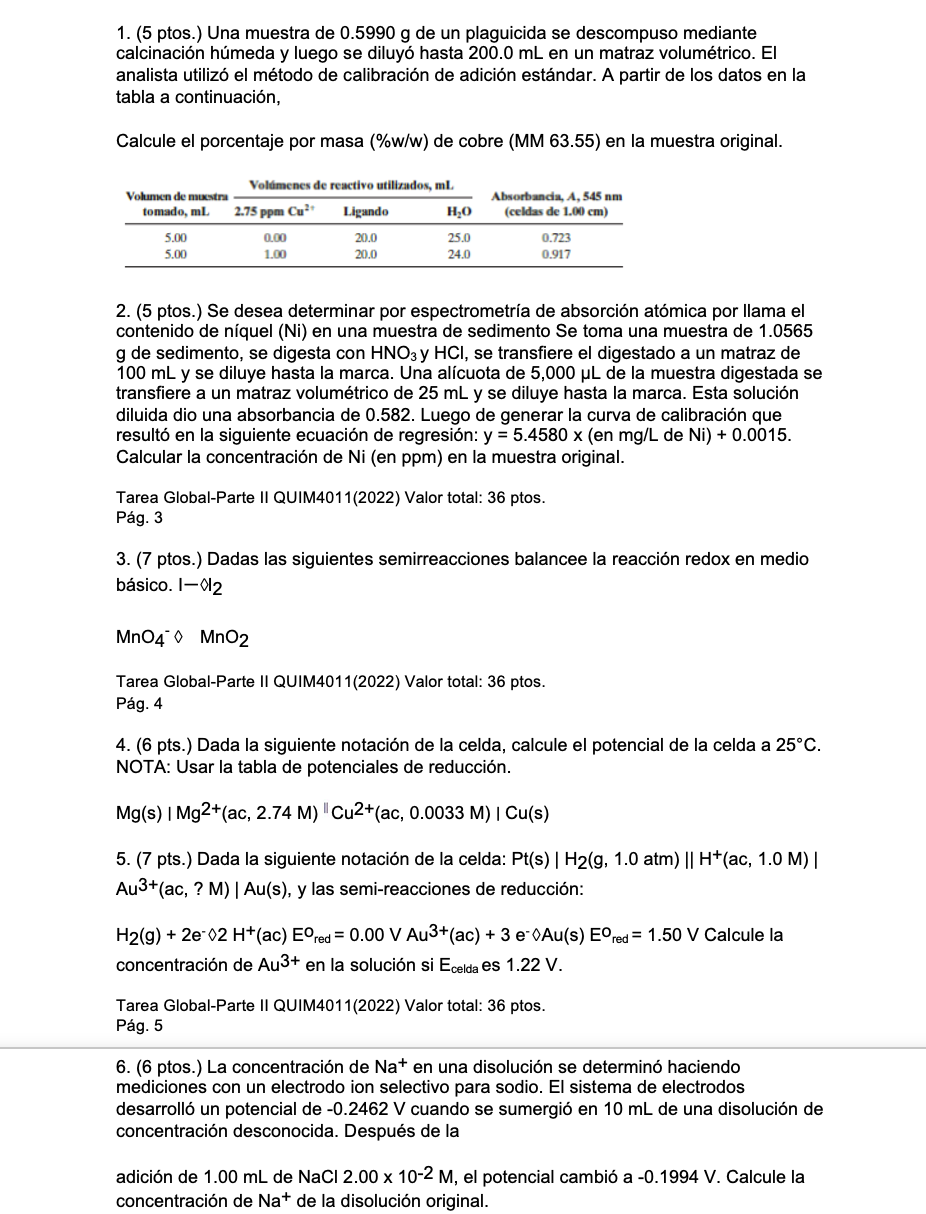 1 5 Ptos Una Muestra De 0 5990 G De Un Plaguicida Se Descompuso Mediante Calcinacion Humeda Y Luego Se Diluyo Hasta 1