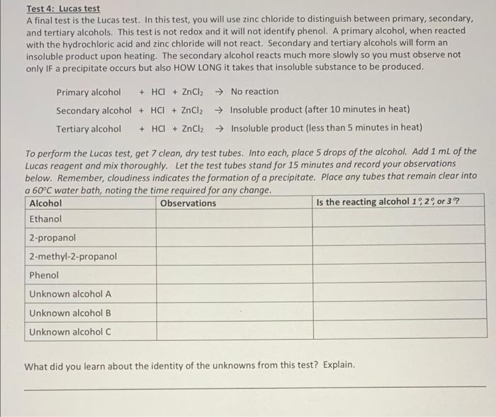 Test 4 Lucas Test A Final Test Is The Lucas Test In This Test You Will Use Zinc Chloride To Distinguish Between Prima 1