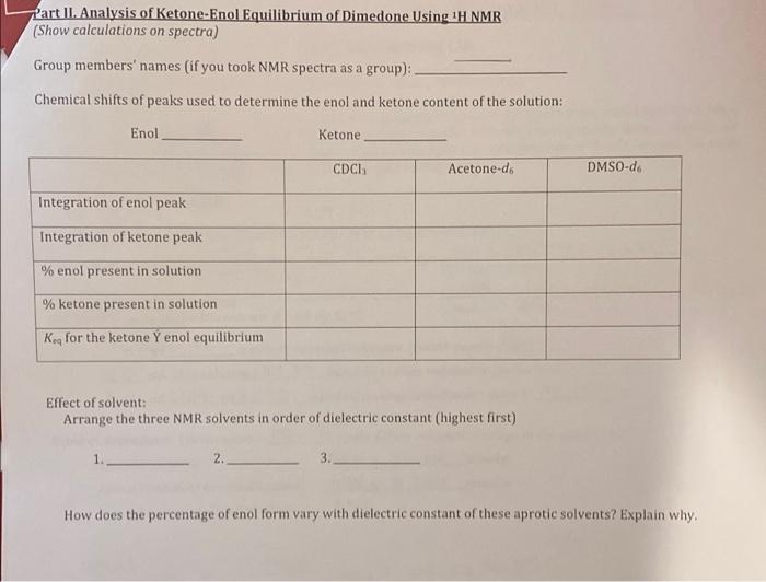 Part Ii Analysis Of Ketone Enol Equilibrium Of Dimedone Using 1 H Nmr Show Calculations On Spectra Group Members Nam 1
