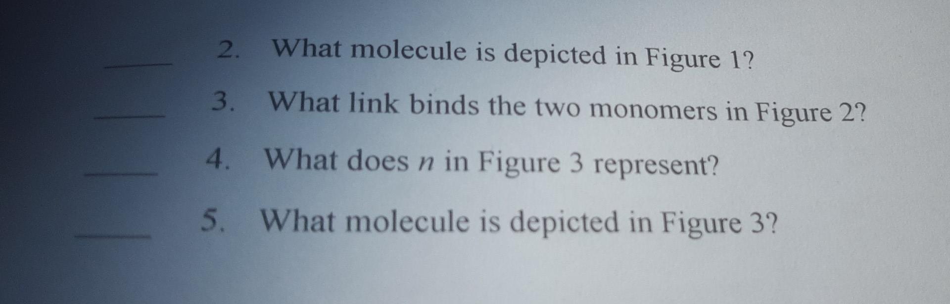 2 What Molecule Is Depicted In Figure 1 3 What Link Binds The Two Monomers In Figure 2 4 What Does N In Figure 3 Re 1