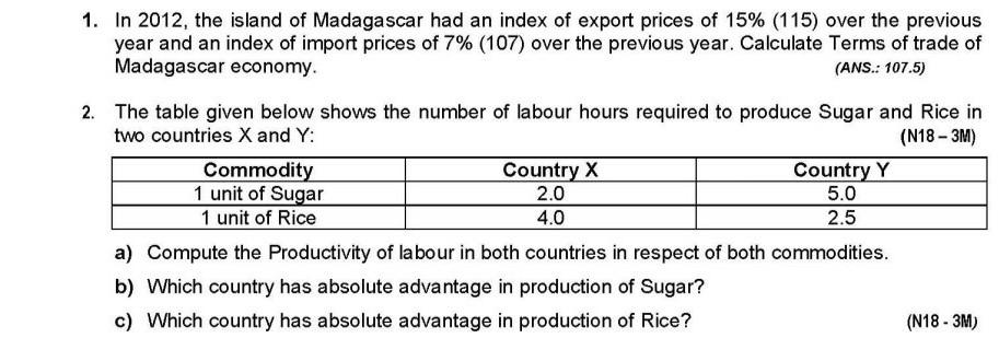 1 In 2012 The Island Of Madagascar Had An Index Of Export Prices Of 15 115 Over The Previous Year And An Index Of I 1