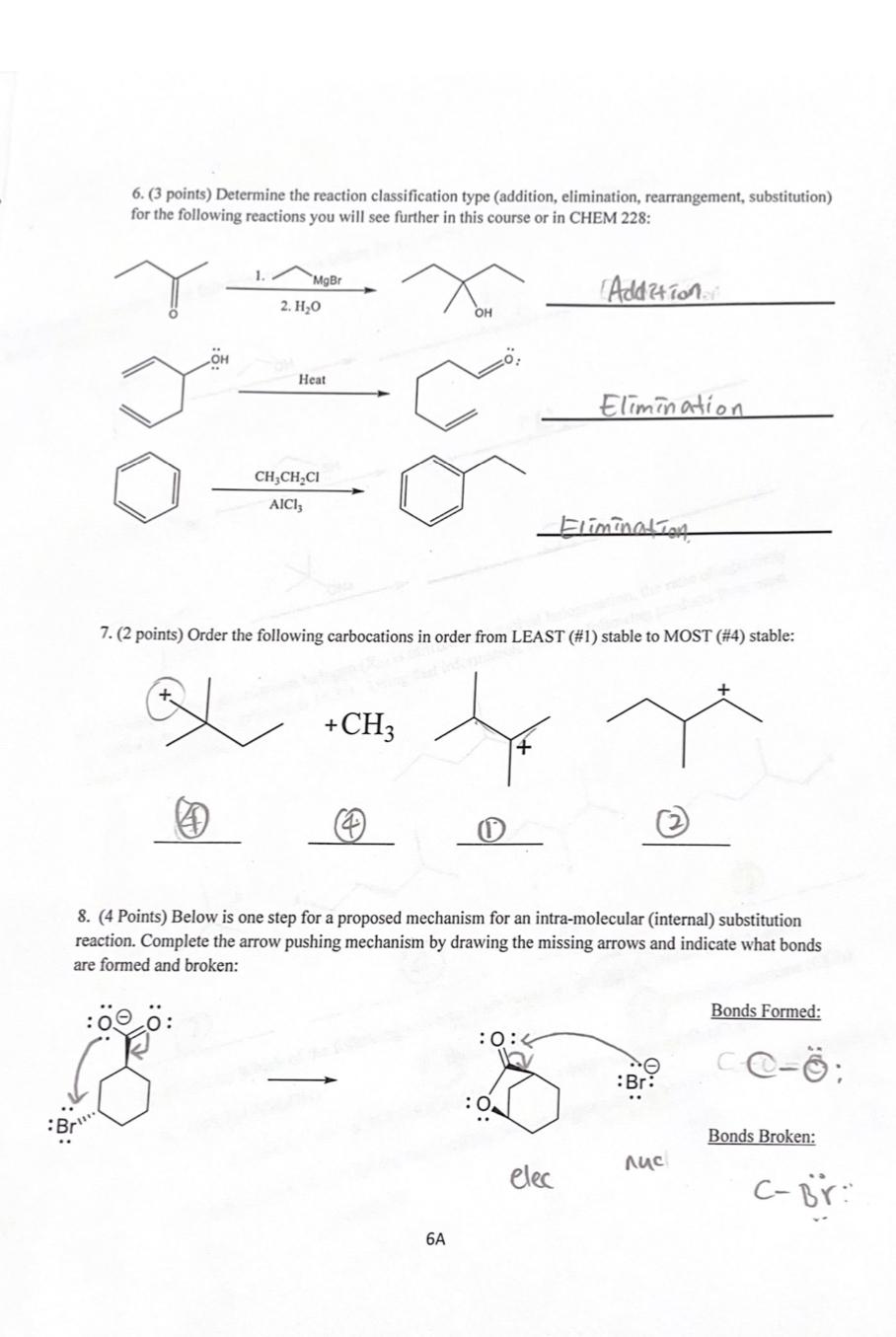 6 3 Points Determine The Reaction Classification Type Addition Elimination Rearrangement Substitution For The Fo 1