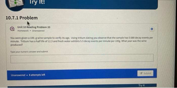 Try It 10 7 1 Problem Unit 10 Reading Problem 20 Homework Unanswered O You Were Given A 100 G Wine Sample To Verify I 1