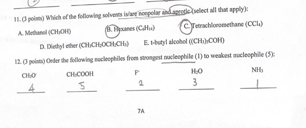 11 3 Points Which Of The Following Solvents Is Are Nonpolar And Aprotic Select All That Apply A Methanol Ch3oh 1