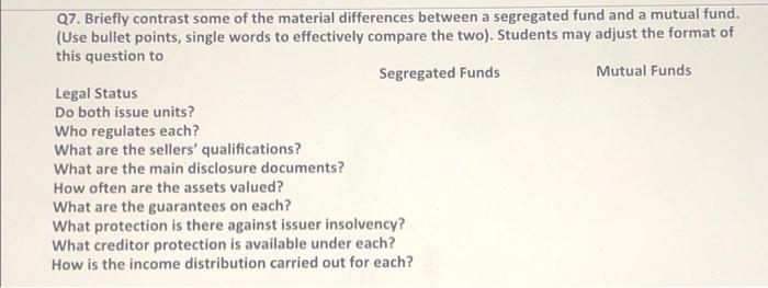 Q7 Briefly Contrast Some Of The Material Differences Between A Segregated Fund And A Mutual Fund Use Bullet Points S 1