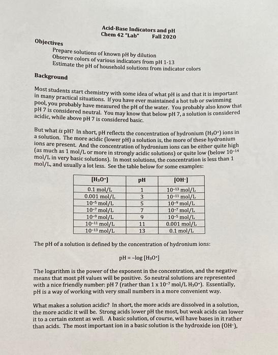Acid Base Indicators And Ph Chem 42 Lab Fall 2020 Objectives Prepare Solutions Of Known Ph By Dilution Observe Colors O 1